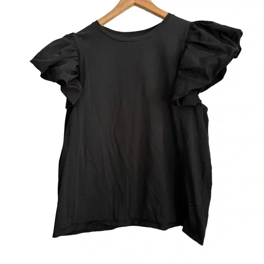 Express Women's Black T Shirt with Puff Sleeves Size Extra Large